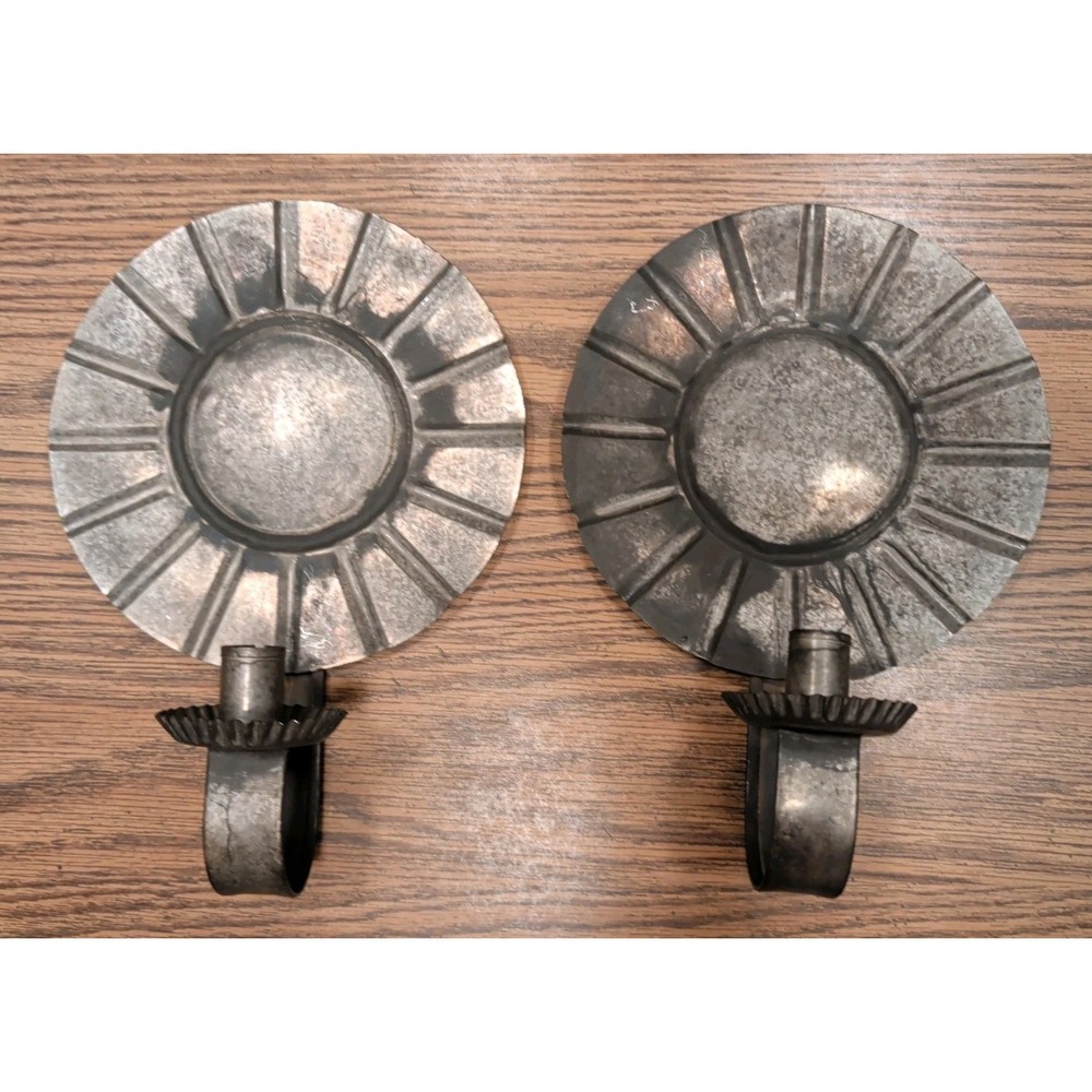 Vintage Tin Candle Wall Sconces Pair Reflectors Primitive Decor Cute & Adorable